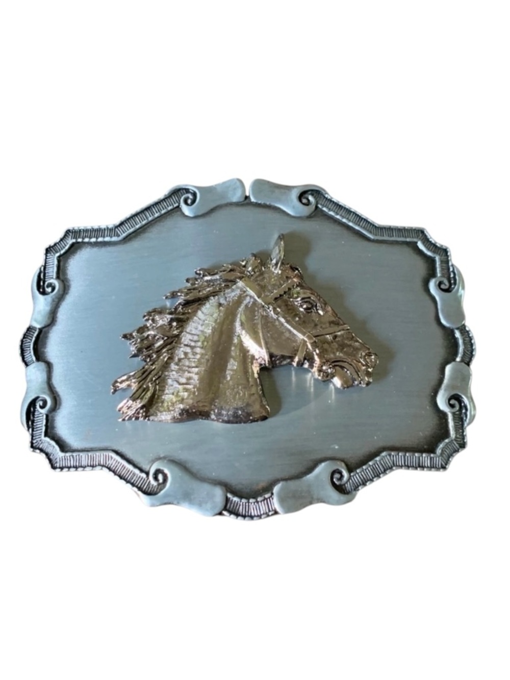 Vintage Raintree 1978 Western Horse Head Ornate Belt Buckle Pewter Cowgirl